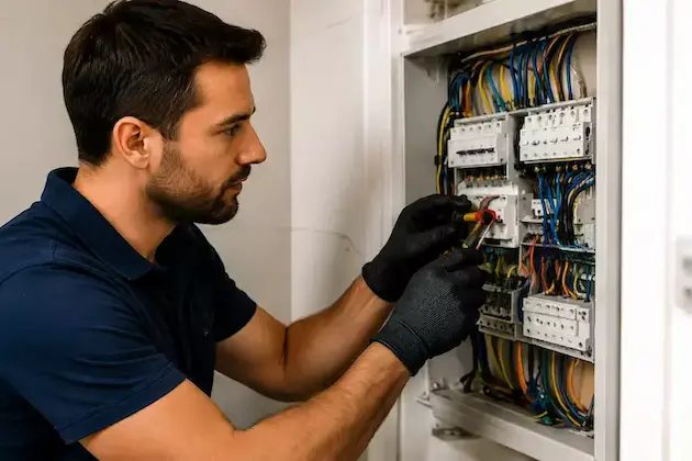Elettricista urgente al lavoro su un quadro elettrico durante un pronto intervento
